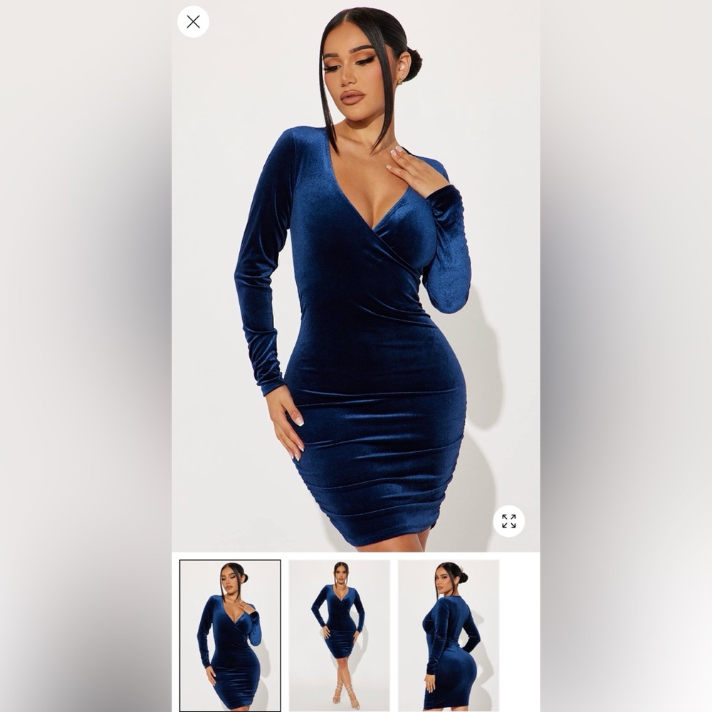 Fashion Nova Deep Blue Velvet Long Sleeve Mini Dress